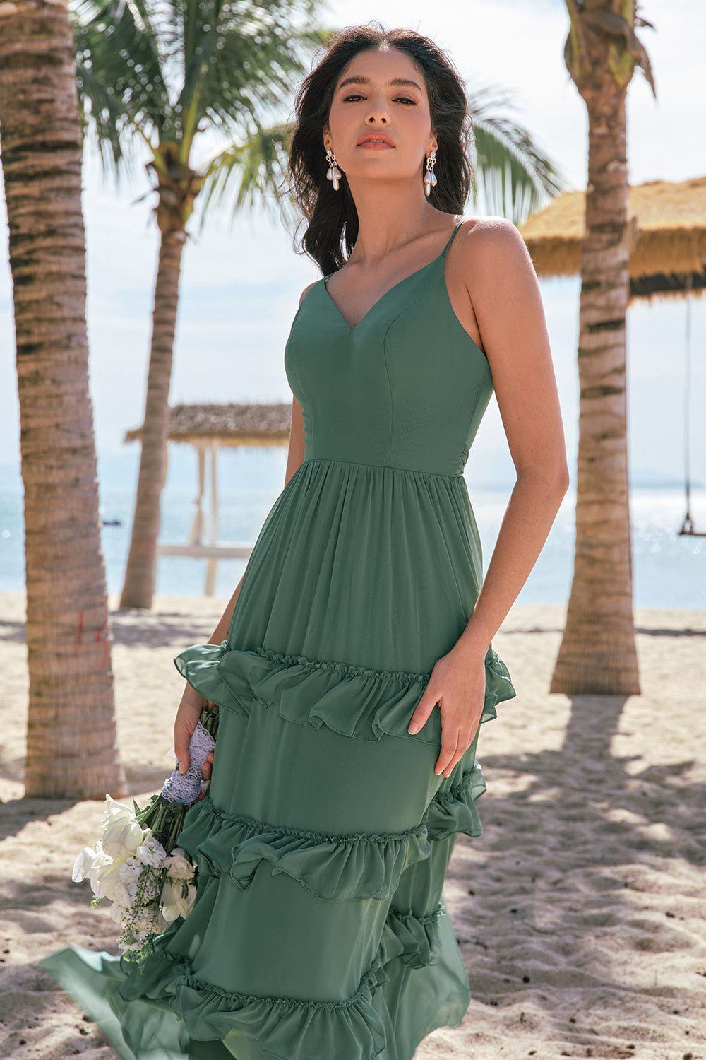 Eucalyptus Spaghetti Straps Long Bridesmaid Dress with Ruffles