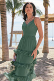 Eucalyptus Spaghetti Straps Long Bridesmaid Dress with Ruffles