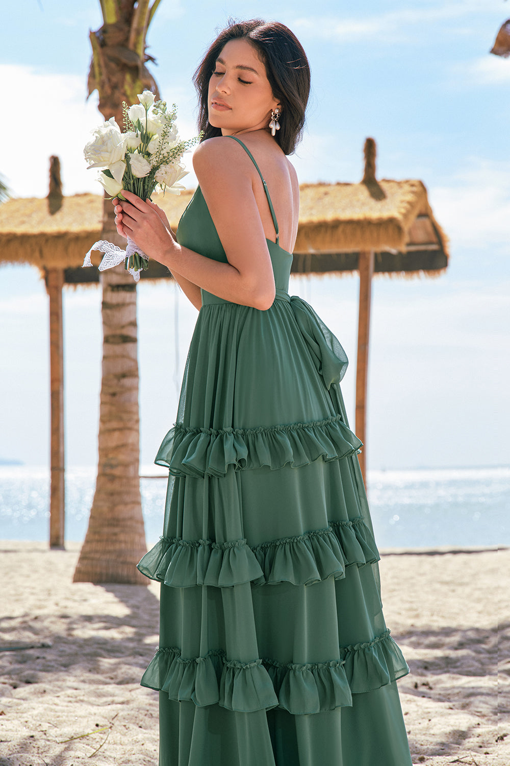 Eucalyptus Spaghetti Straps Long Bridesmaid Dress with Ruffles