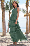 Eucalyptus Spaghetti Straps Long Bridesmaid Dress with Ruffles