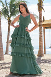 Eucalyptus Spaghetti Straps Long Bridesmaid Dress with Ruffles