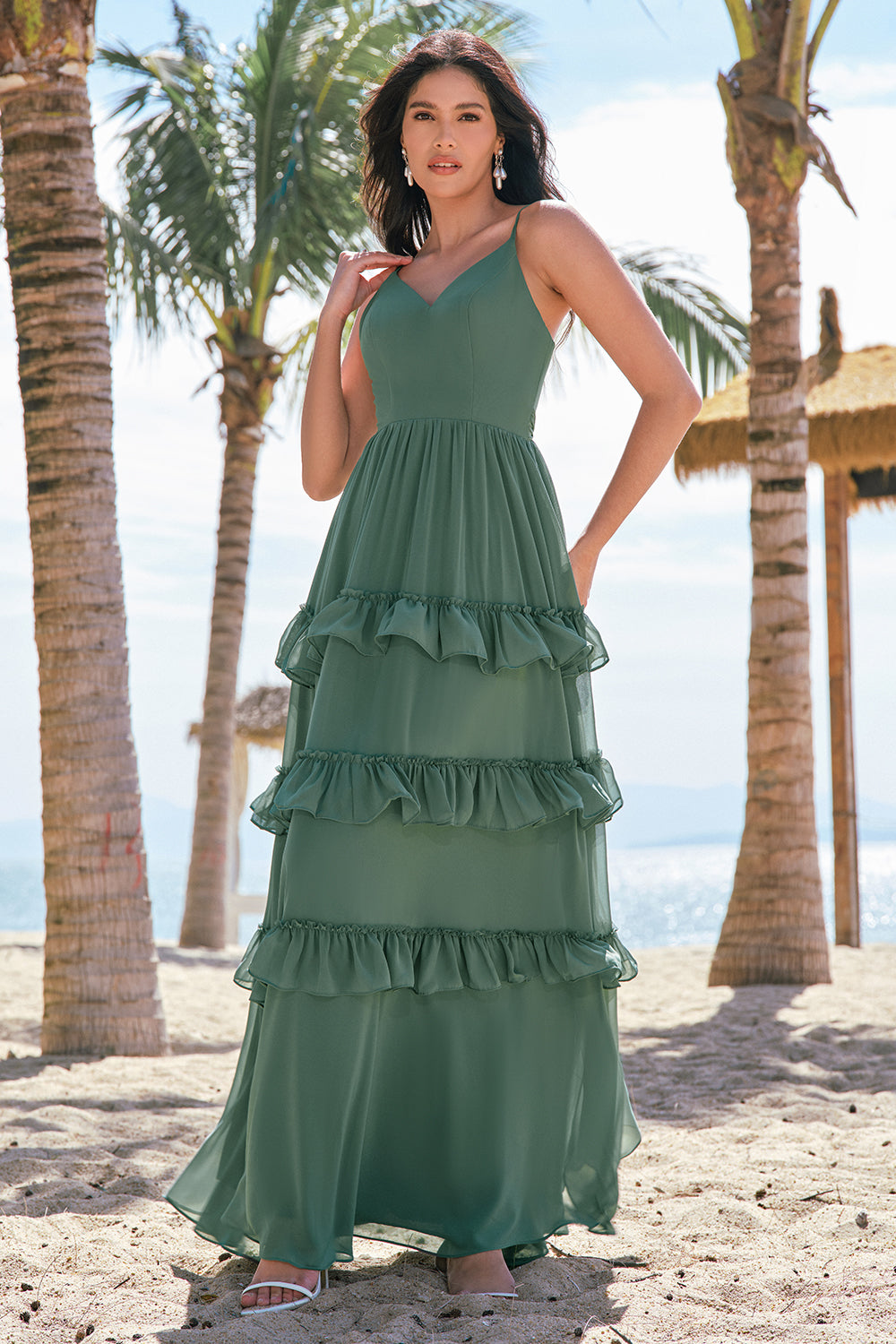 Eucalyptus Spaghetti Straps Long Bridesmaid Dress with Ruffles