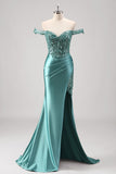 Sparkly Grey Green Mermaid Off The Shoulder Long Prom Dress with Slit