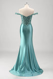 Sparkly Grey Green Mermaid Off The Shoulder Long Prom Dress with Slit