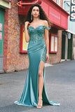 Sparkly Grey Green Mermaid Off The Shoulder Long Prom Dress with Slit