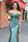 Sparkly Grey Green Mermaid Off The Shoulder Long Prom Dress with Slit