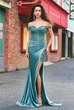 Sparkly Grey Green Mermaid Off The Shoulder Long Prom Dress with Slit