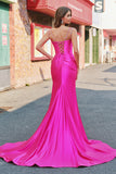 Sparkly Fuchsia Corset Satin Long Prom Dress with Slit