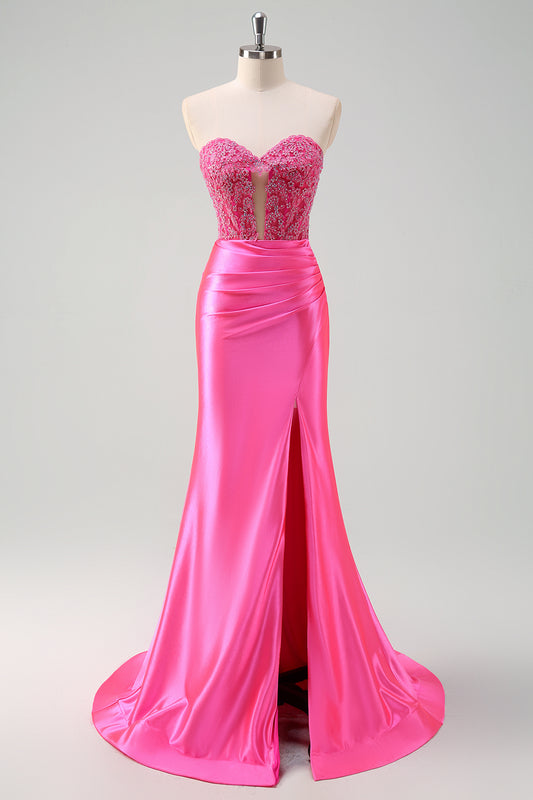 Fuchsia Sweetheart Long Lace Prom Dress with Slit