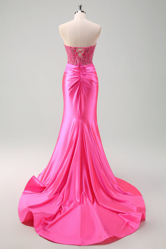 Fuchsia Sweetheart Long Lace Prom Dress with Slit