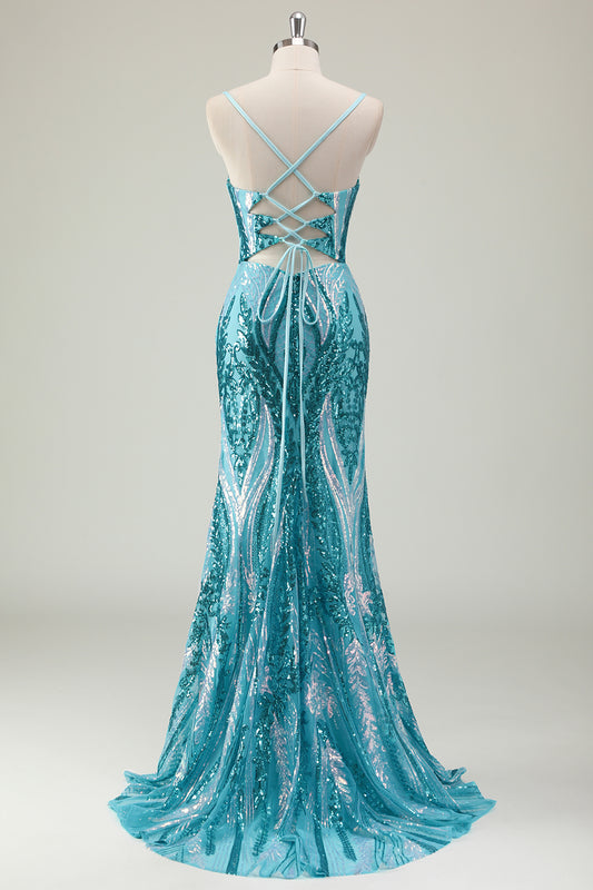 Sparkly Blue Spaghetti Straps Sequined Long Prom Dress with Slit