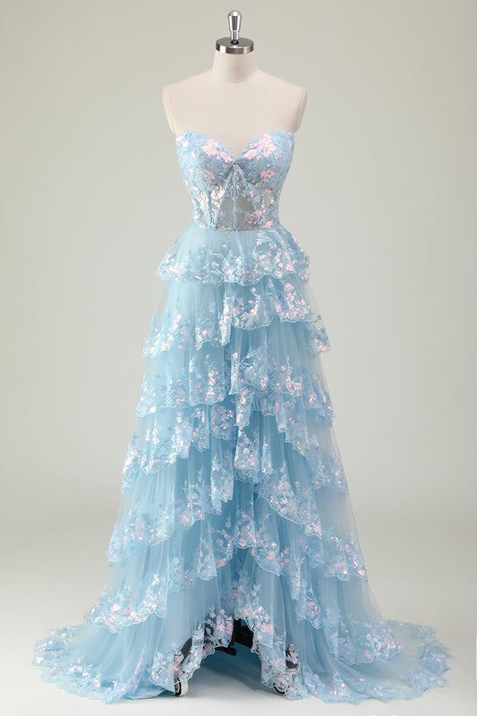 Sparkly Blue Strapless Ruffled Long Prom Dress