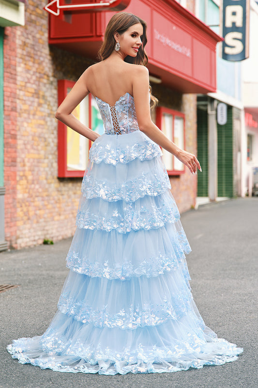 Sparkly Blue Strapless Ruffled Corset Long Prom Dress