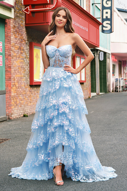 Sparkly Blue Strapless Ruffled Corset Long Prom Dress