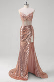 Sparkly Rose Golden Mermaid Sweetheart Sequined Long Prom Dress with Slit