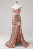 Sparkly Rose Golden Mermaid Sweetheart Sequined Long Prom Dress with Slit