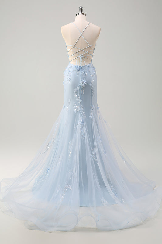 Sparkly Blue Mermaid Long Prom Dress with 3D Flowers