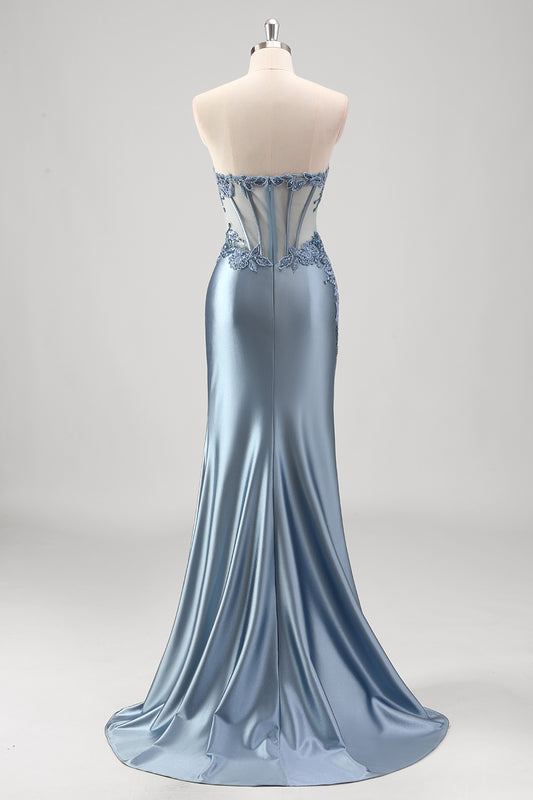 Grey Blue Satin Mermaid Applique Long Prom Dress with Slit