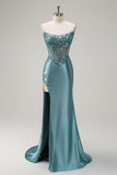 Grey Green Satin Mermaid Applique Long Prom Dress with Slit