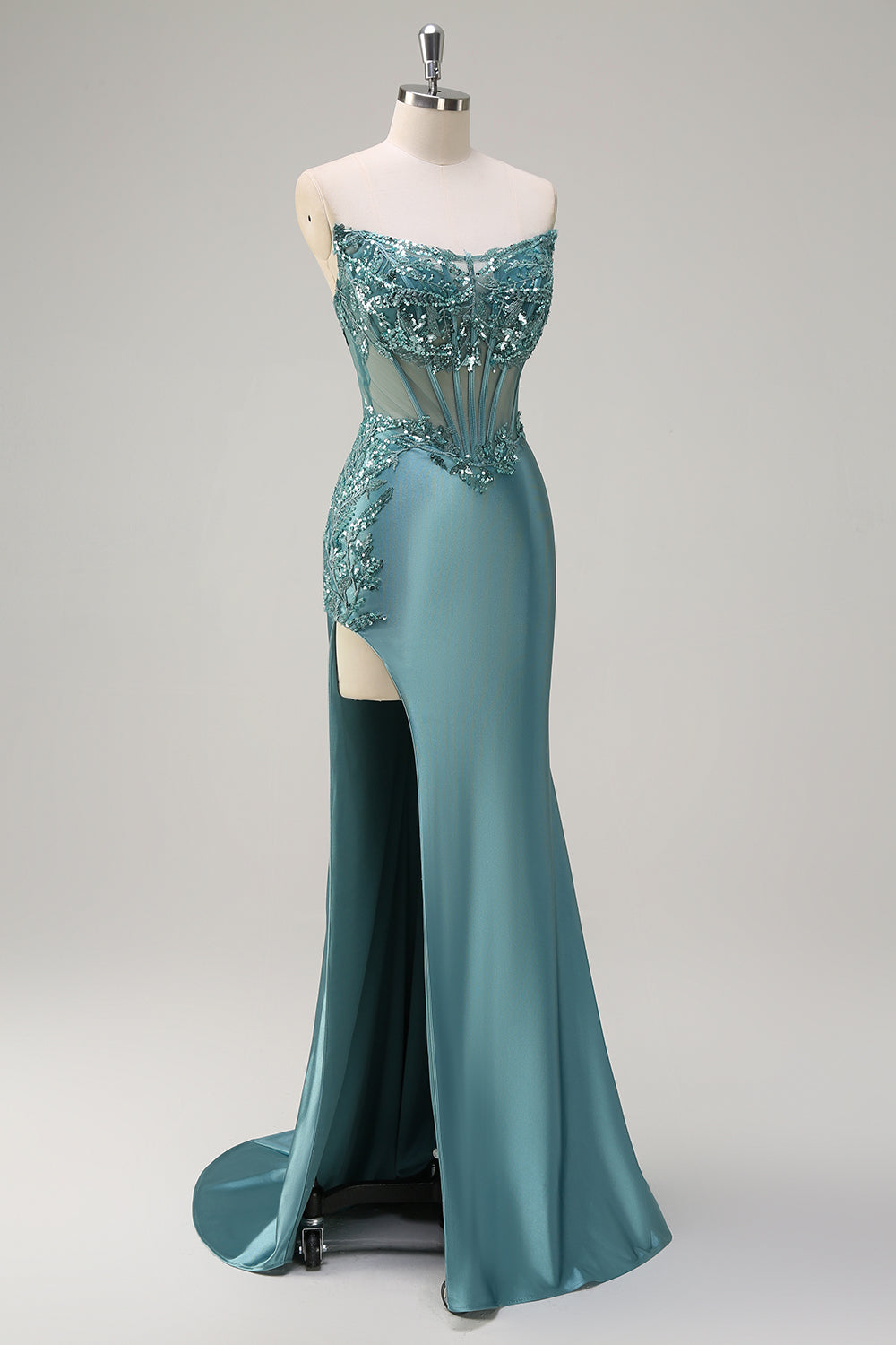 Grey Green Satin Mermaid Applique Long Prom Dress with Slit