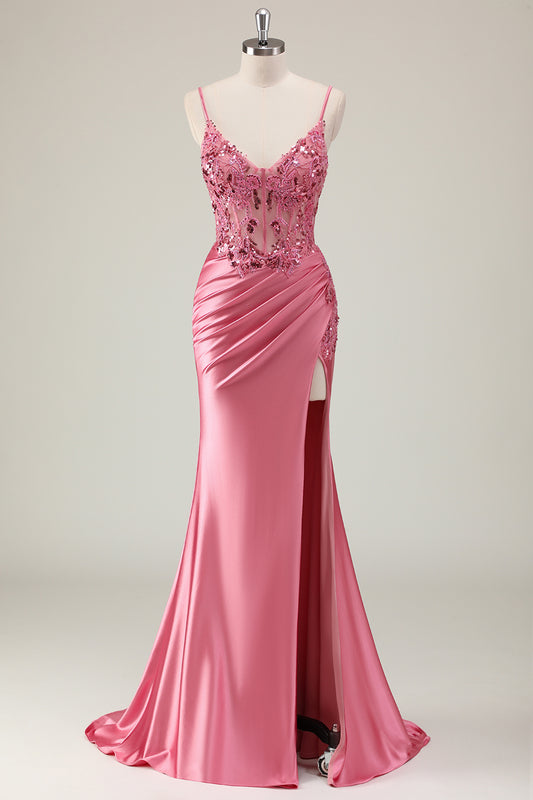 Sparkly Coral Corset Mermaid Long Prom Dress with Slit