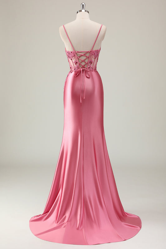 Sparkly Coral Corset Mermaid Long Prom Dress with Slit