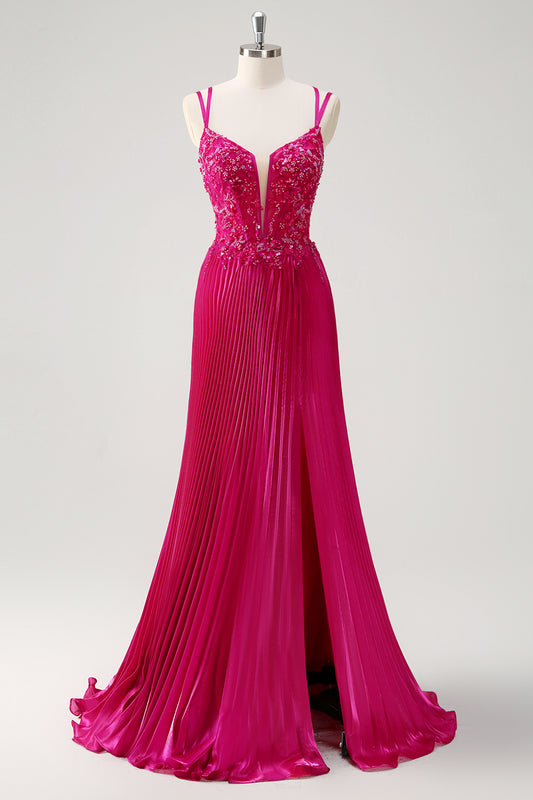 Sparkly Fuchsia A-Line Long Lace Prom Dress with Slit