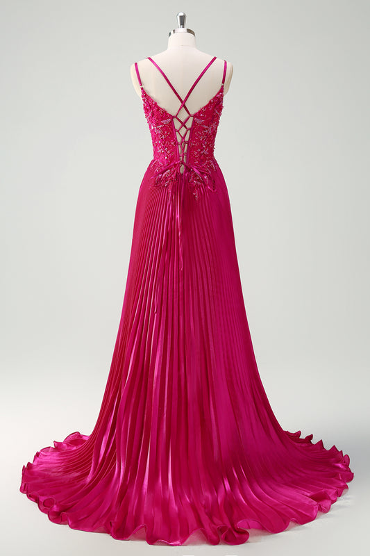 Sparkly Fuchsia A-Line Long Lace Prom Dress with Slit