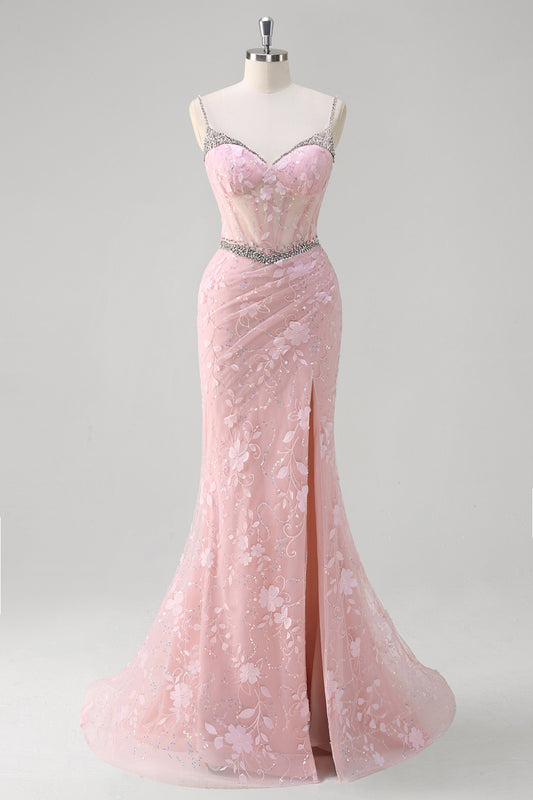 Pink Floral Mermaid Beaded Sweetheart Long Prom Dress with Slit