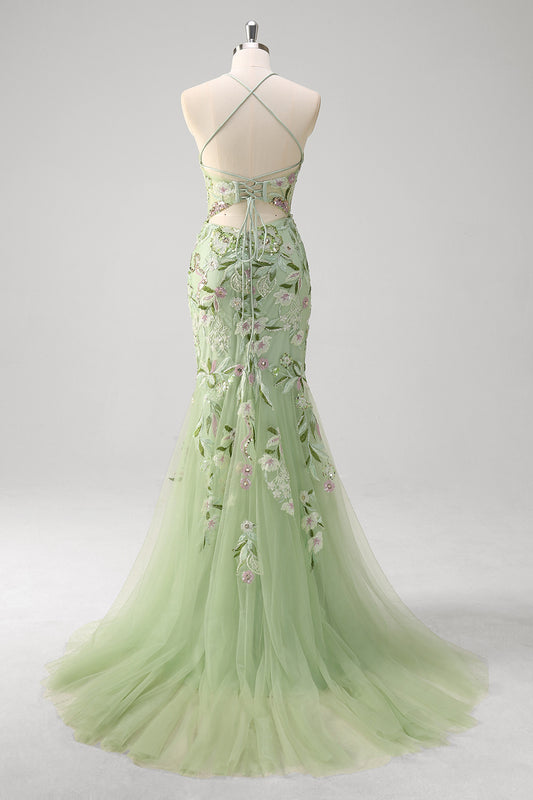 Green Floral Mermaid Applique Spaghetti Straps Corset Long Prom Dress with Slit