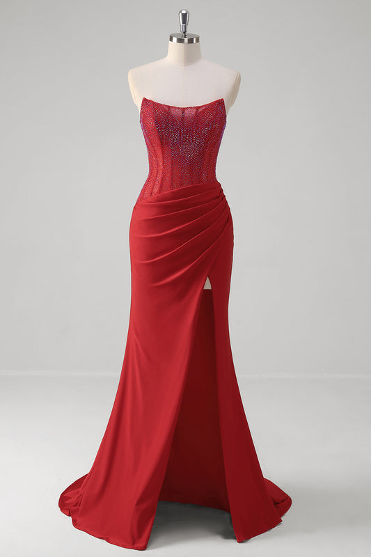 Sparkly Red Mermaid Strapless Satin Long Prom Dress with Slit