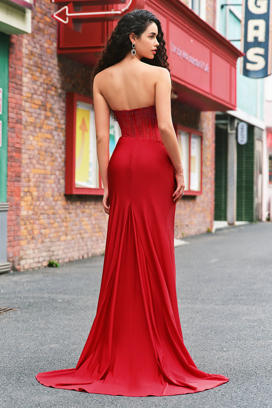 Sparkly Red Mermaid Strapless Satin Prom Dress with Slit