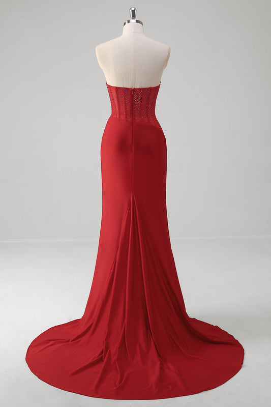 Sparkly Red Mermaid Strapless Satin Long Prom Dress with Slit