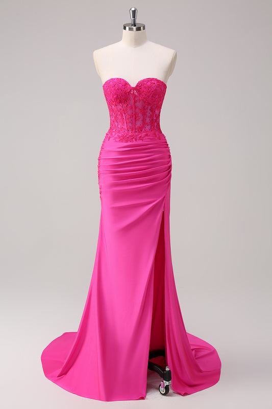 Fuchsia Strapless Corset Mermaid Long Prom Dress with Slit