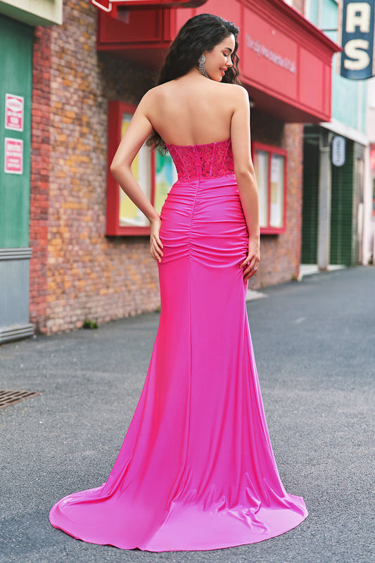 Fuchsia Strapless Corset Mermaid Long Lace Prom Dress with Slit