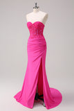 Fuchsia Strapless Corset Mermaid Long Prom Dress with Slit