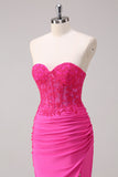 Fuchsia Strapless Corset Mermaid Long Prom Dress with Slit