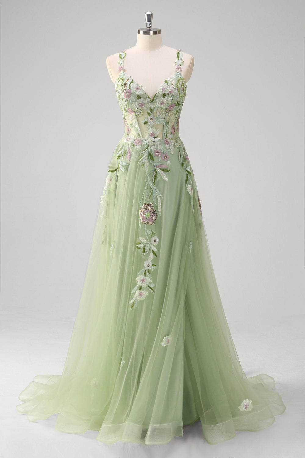 Green Floral A-Line Applique Tulle Long Prom Dress with Slit