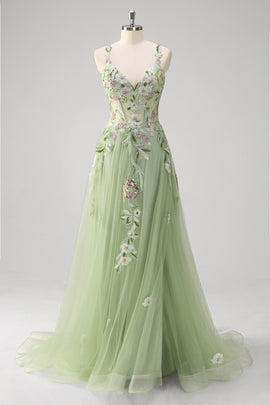 Green Floral A-Line Applique Spaghetti Straps Long Prom Dress with Slit