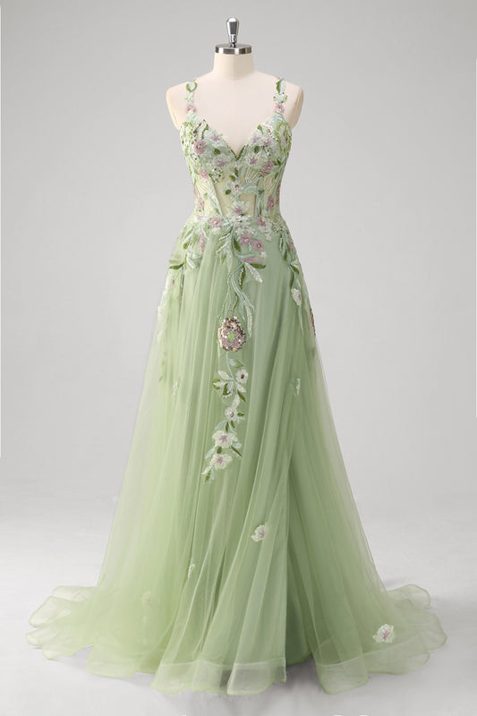 Green Floral A-Line Applique Spaghetti Straps Long Prom Dress with Slit