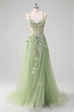 Green Floral A-Line Applique Tulle Long Prom Dress with Slit