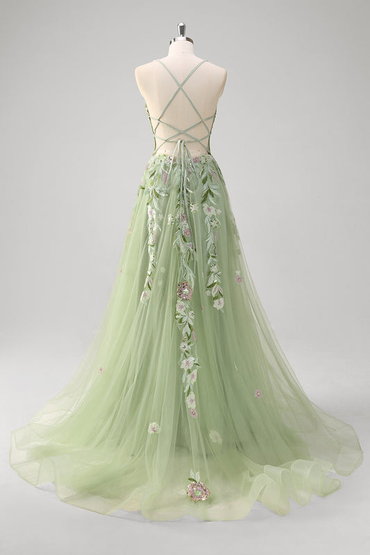 Green Floral A-Line Applique Spaghetti Straps Long Prom Dress with Slit