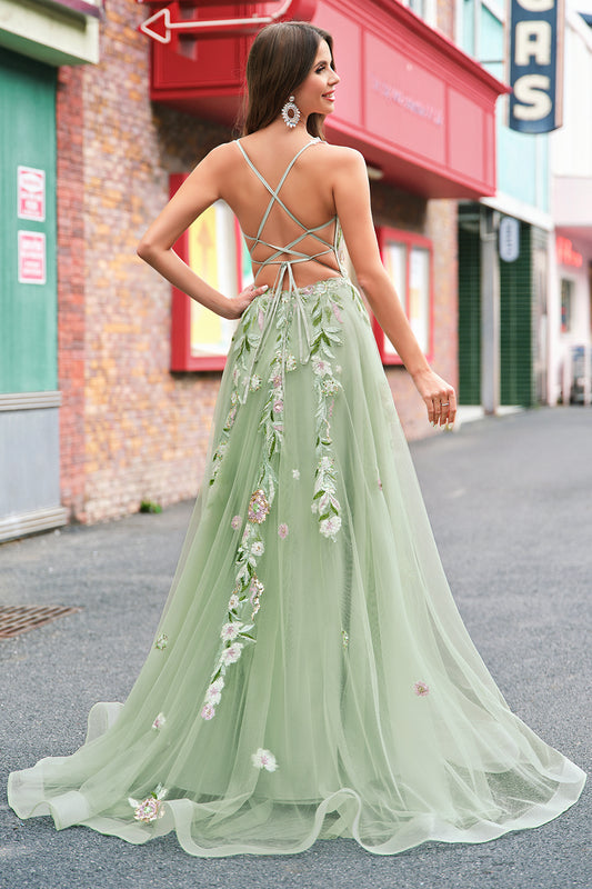 Green Floral A-Line Applique Tulle Long Prom Dress with Slit