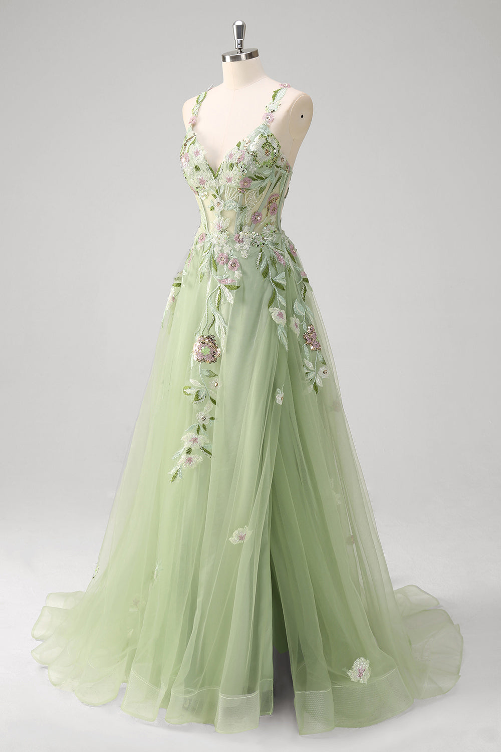 Green Floral A-Line Applique Spaghetti Straps Long Prom Dress with Slit