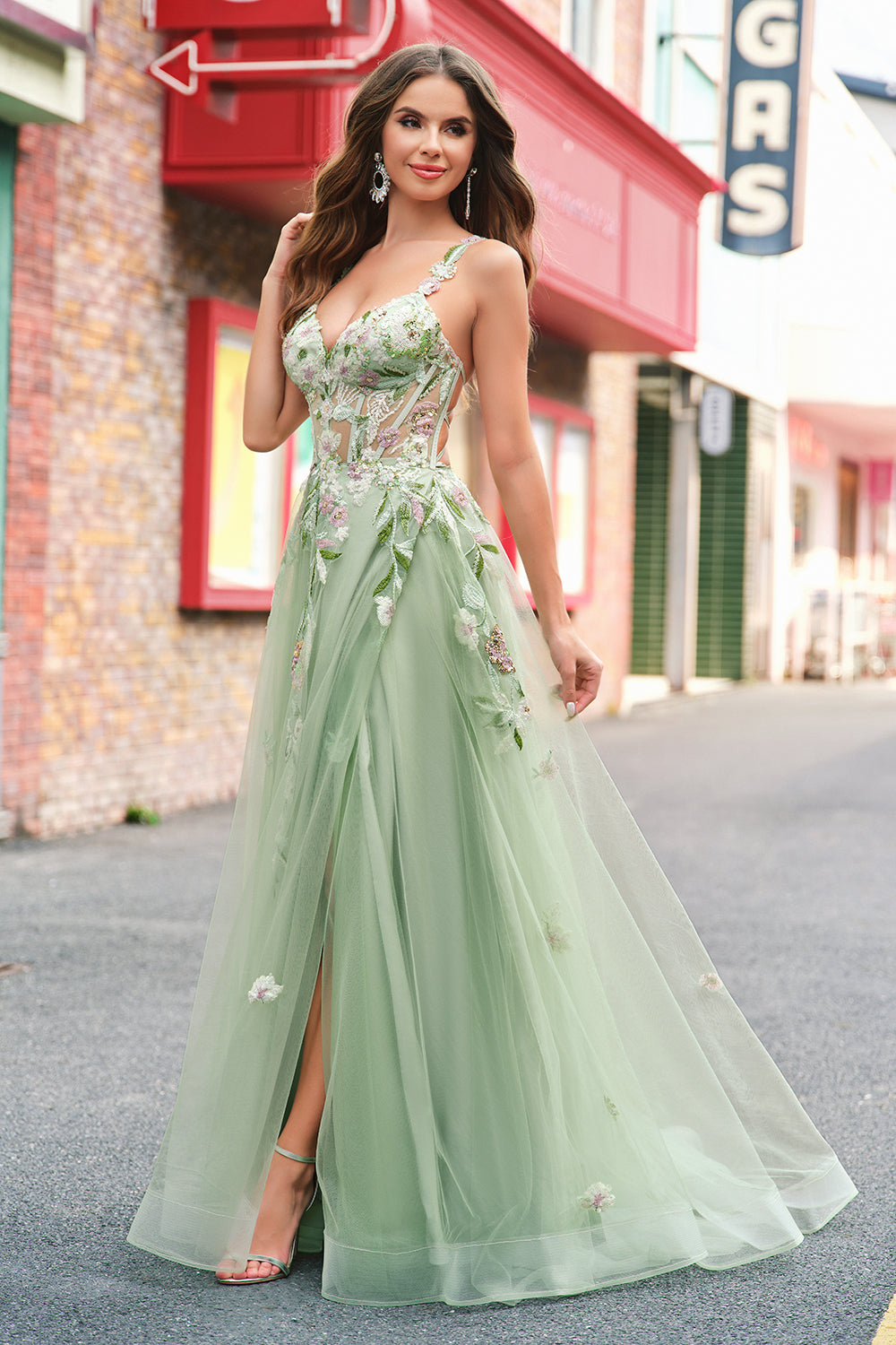 Green Floral A-Line Applique Tulle Long Prom Dress with Slit