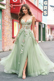 Green Floral A-Line Applique Tulle Long Prom Dress with Slit