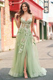 Green Floral A-Line Applique Tulle Long Prom Dress with Slit