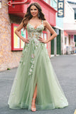 Green Floral A-Line Applique Tulle Long Prom Dress with Slit