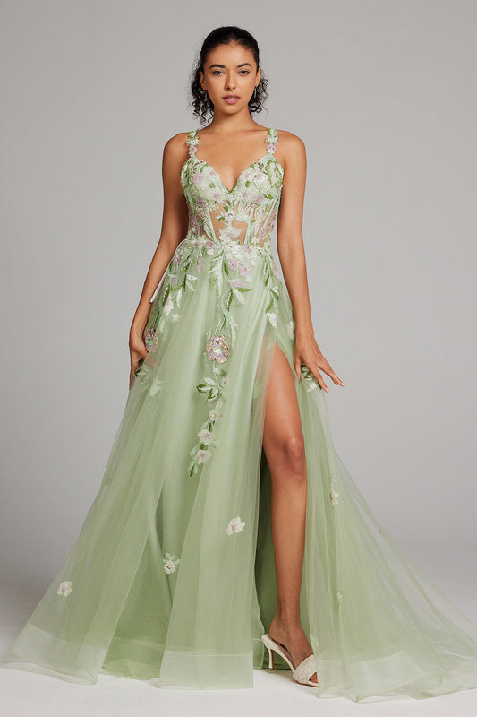 Sparkly Green A Line Sequin Corset Embroidered Long Prom Dress With Slit