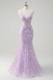 Sparkly Lilac Mermaid Sequined Spaghetti Straps Long Prom Dress